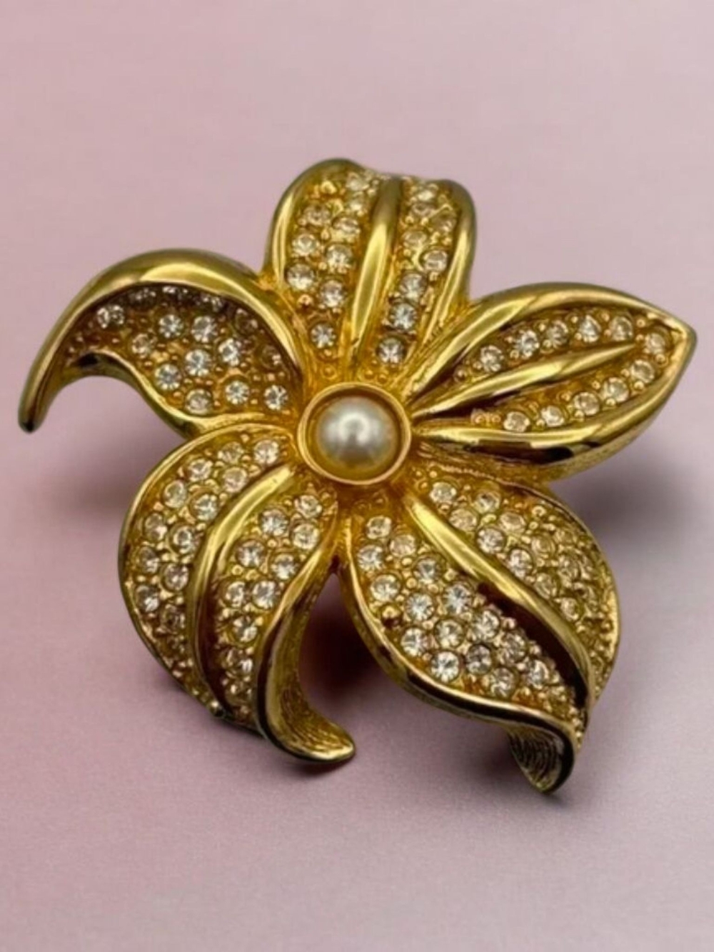 Dior Gold Plated Crystal Flower Brooch with Pearl Center - Picture 8 of 16